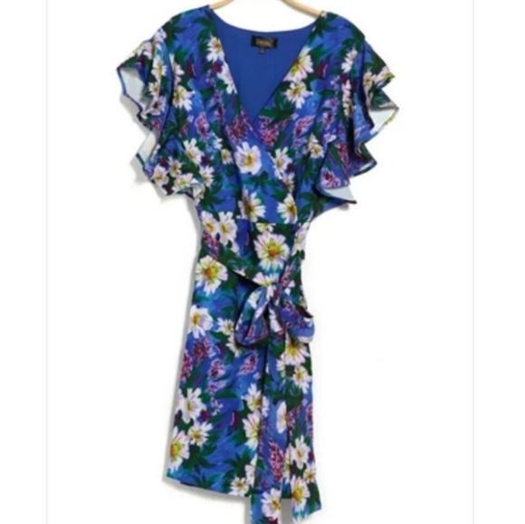 Alexia Admor Blue Floral Painted Daisy Ruffle Sleeve Wrap Dress 8 Some Damage - Picture 3 of 9